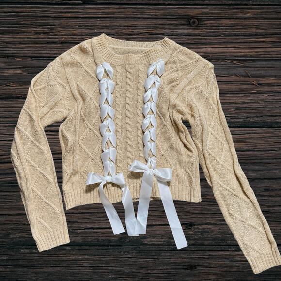 New Small Tan White Ribbon Braid Knit‎ Sweater Cable Bow Wool Blend Trendy - Picture 1 of 4